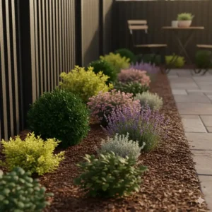 Niedrig wachsende Büsche und gartenpflanzen für kleine gärten in einem Beet.