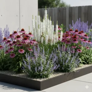 Farblich abgestimmte Staudenbeete als Akzent der Gartenpflanzen für moderne Gartengestaltung.