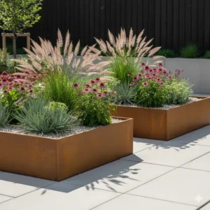 Geometrische Hochbeete aus Cortenstahl mit Gartenpflanzen für moderne Gartengestaltung.