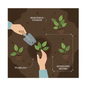 Eine Infografik zum richtigen Einpflanzen von mehrjährige gartenpflanzen pflegeleicht im Garten.