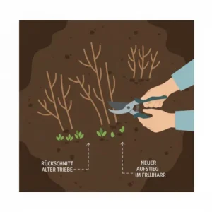 Illustration zum fachgerechten Rückschnitt von mehrjährige gartenpflanzen pflegeleicht im Frühjahr.