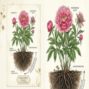 Botanische Illustration einer Pfingstrose als Beispiel für Gartenpflanzen mit langer Lebensdauer.