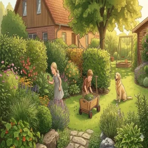 Illustration von robusten Hecken als natürliche Gartenpflanzen für Familiengärten zum Schutz und Spielen.