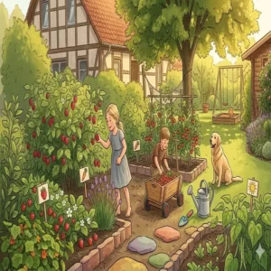 Ein kindersicherer Naschgarten mit essbaren Beerensträuchern als Gartenpflanzen für Familiengärten.