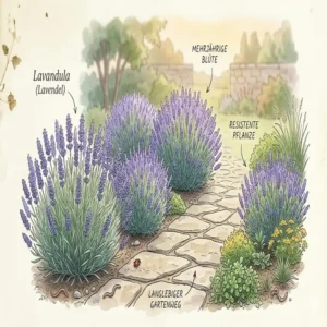 Lavendelsträucher in einem Gartenweg-Design für Gartenpflanzen mit langer Lebensdauer.