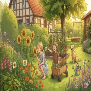 Bunte, ungiftige Blumen wie Sonnenblumen als ideale Gartenpflanzen für Familiengärten.