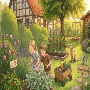Illustration von Duft- und Tastpflanzen als sensorische Gartenpflanzen für Familiengärten.