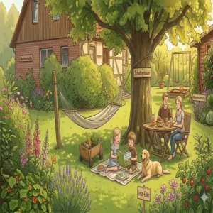 Große Schattenbäume kombiniert mit anderen schützenden Gartenpflanzen für Familiengärten.