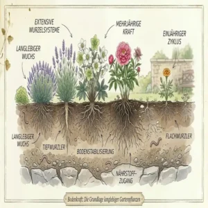 Diagramm der tiefen Wurzeln von Gartenpflanzen mit langer Lebensdauer im Vergleich zu Einjährigen.