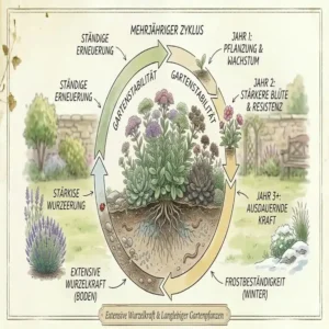 Infografik über den mehrjährigen Wachstumszyklus für Gartenpflanzen mit langer Lebensdauer.