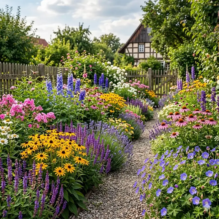 Ein prachtvoller Garten mit verschiedenen blühende gartenpflanzen mit langer blütezeit in voller Sommerpracht.