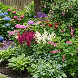 Blaue Hortensien sind ideale blühende pflanzen für halbschatten im Garten.