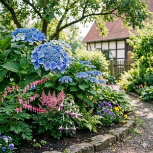 Blaue Hortensien sind ideale blühende pflanzen für halbschatten.
