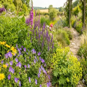 Ein dicht bewachsenes Staudenbeet mit robusten gartenpflanzen für natürliche gärten entlang eines Pfades.