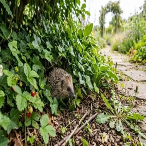 Ein Igel findet Unterschlupf unter dichten gartenpflanzen für natürliche gärten und Bodendeckern.