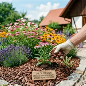 Mulchen hilft dabei, sommerblumen für garten pflegeleicht gesund und feucht zu halten.