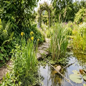 Naturnahe Uferbepflanzung mit speziellen gartenpflanzen für natürliche gärten an einem Gartenteich.