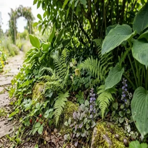 Farne und schattenliebende gartenpflanzen für natürliche gärten gedeihen unter großen Bäumen.