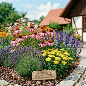Eine Gruppe trockenresistenter sommerblumen für garten pflegeleicht vor einem Gartenhaus.