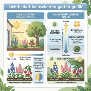 Eine Grafik über die optimalen Lichtverhältnisse für blühende pflanzen für halbschatten.