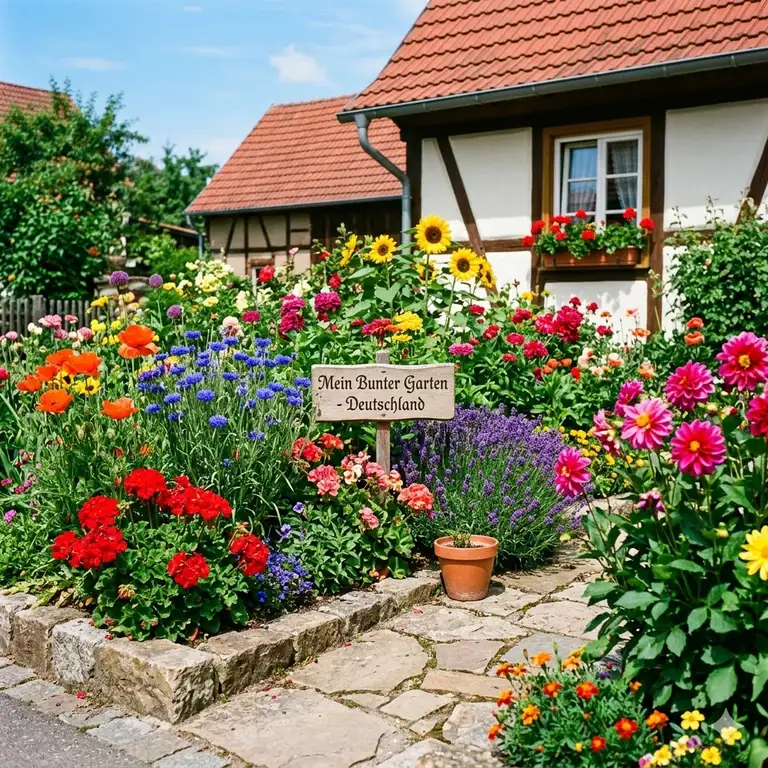 Ein prachtvoller Garten mit verschiedenen blühende pflanzen mit intensiven farben wie Rot, Violett und Gelb.