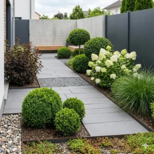Several pruned Boxwood spheres used as "sträucher für moderne gartenanlagen" structure.