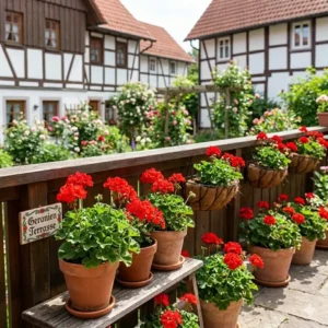 Rote Geranien sind klassische blühende kübelpflanzen für terrasse an sonnigen Standorten.