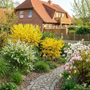 Frühlingserwachen im Garten durch laubabwerfende sträucher mit farbe wie die gelb blühende Forsythie.