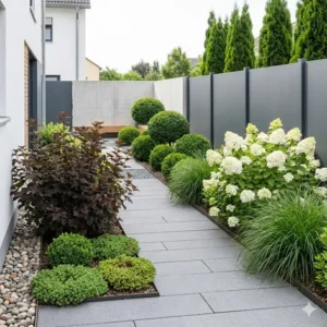 Mature columnar juniper trees forming a privacy "sträucher für moderne gartenanlagen" hedge.