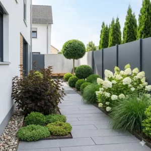 White flowering Hydrangeas and ornamental grasses used as "sträucher für moderne gartenanlagen".