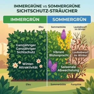 Illustration 3: Vergleich von immergrünen und sommergrünen blühenden Sträuchern für ganzjährigen Sichtschutz im Garten.