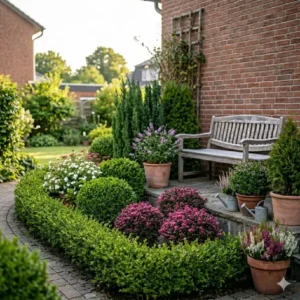 Bunte blühende kompakte sträucher für kleine gärten in Terrakottatöpfen auf der Terrasse.