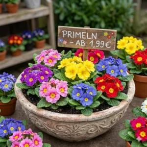 Farbenfrohe Primeln in einer Schale, die Menschen ansprechen, die frühblühende Gartenpflanzen kaufen.