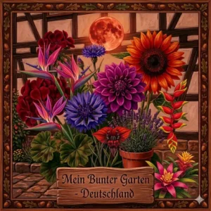 Exotische blühende pflanzen mit intensiven farben in einem tropischen Gewächshaus.