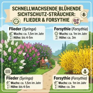 Illustration der am schnellsten wachsenden blühenden Sträucher für einen schnellen Sichtschutz.