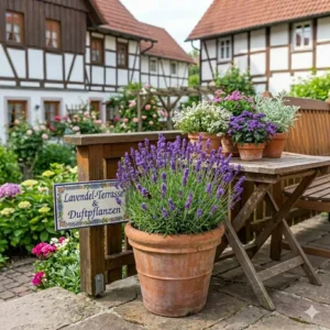 Duftender Lavendel ist eine beliebte Wahl für blühende kübelpflanzen für terrasse im Landhausstil.
