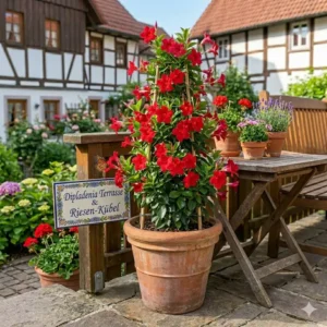 Die Dipladenia überzeugt als kletternde blühende kübelpflanzen für terrasse mit intensiver Farbe.