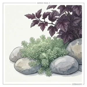 A garden detail featuring sedum and river stones, using the surrounding "sträucher für moderne gartenanlagen".