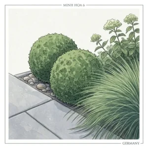 Perfectly pruned green spherical "sträucher für moderne gartenanlagen" shrubs with ornamental grass.