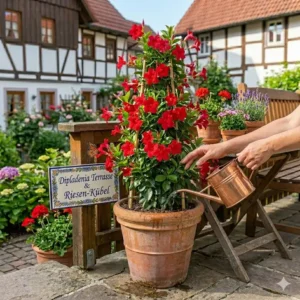 Regelmäßiges Gießen ist wichtig für vitale blühende kübelpflanzen für terrasse während der Sommermonate.