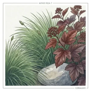 A close-up of a grass plume and a Ninebark shrub as contrasting "sträucher für moderne gartenanlagen".