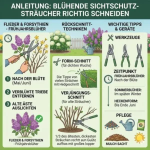 Anleitung zur Pflege und zum richtigen Schneiden von blühenden Sträuchern für einen dichten Sichtschutz.