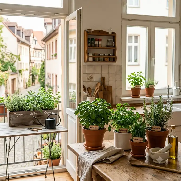 Featured image showing a variety of fresh kräuter für küche und balkon in a sunny home setting.