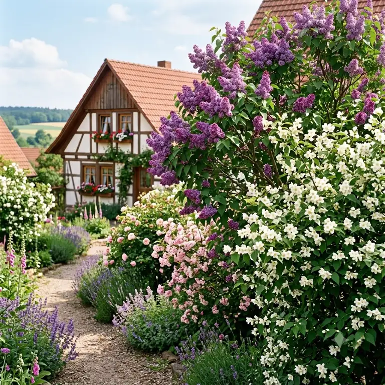 Ein wunderschöner deutscher Garten mit verschiedenen Pflanzen wie sträucher mit duftenden blüten vor einem Fachwerkhaus.