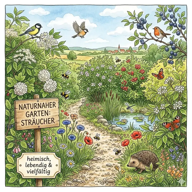 Ein üppiger, naturnaher Garten mit verschiedenen heimischen Sträuchern, Wildblumen und summenden Bienen im Sommer.