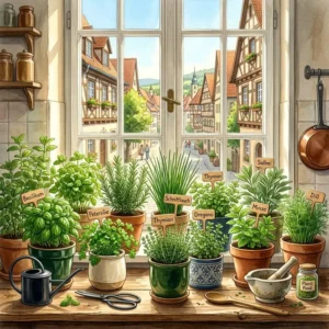 Kitchen window sill setup for growing kräuter für küche und balkon in decorative pots.