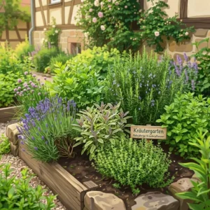 Illustration von mediterranen mehrjährige Kräuterpflanzen für Garten wie Thymian und Lavendel an einem sonnigen Standort im Garten.
