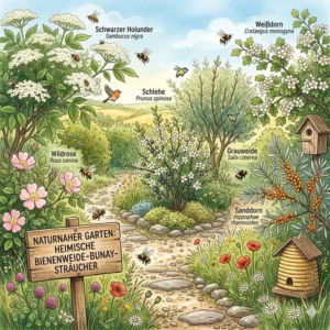 Illustration von Vogelnährgehölzen als wichtige Sträucher für einen naturnahen Garten mit Vögeln, die Beeren fressen.