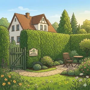 Eine immergrüne Thuja-Hecke als Beispiel für robuste Heckenpflanzen für Windschutz.