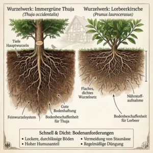 Illustration von immergrünen schnell dichte heckenpflanzen wie Kirschlorbeer und Thuja.